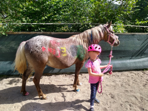 Ponyzwerg mit Pony beim Führen